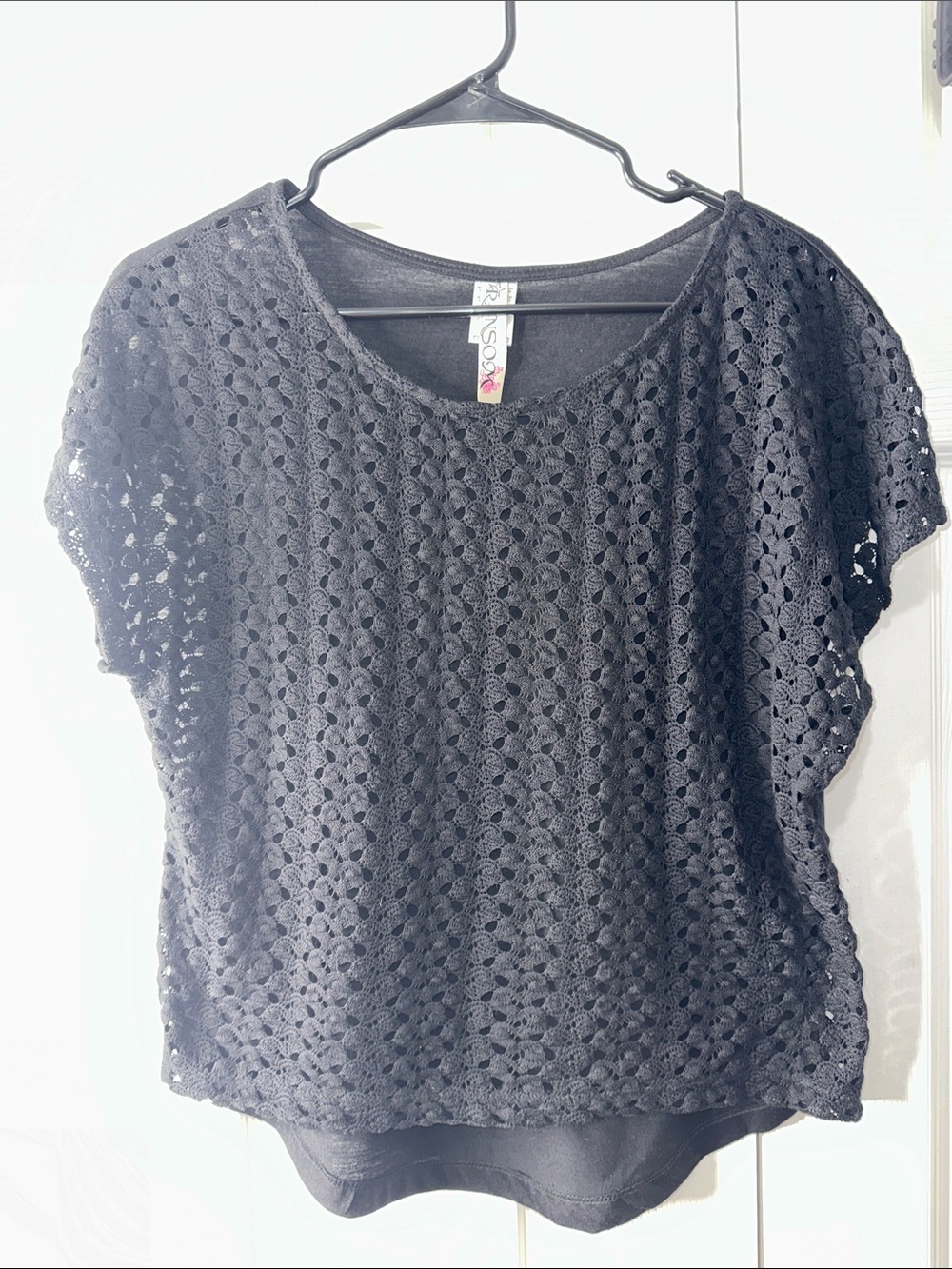 Ransom Black Crochet Overlay Short Sleeve Top